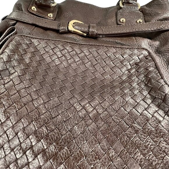 ELLIOTT LUCCA Brown Woven Leather Bucket Hobo Purse Shoulder Bag Buckle Pockets - Picture 3 of 13